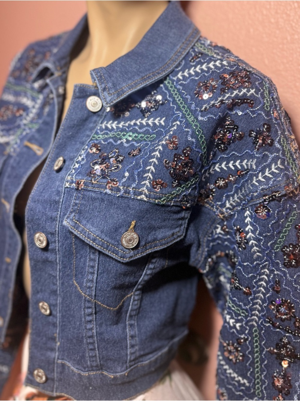 Embellished Denim Jacket Cropped Blue Sequin Embroidered Boho Western